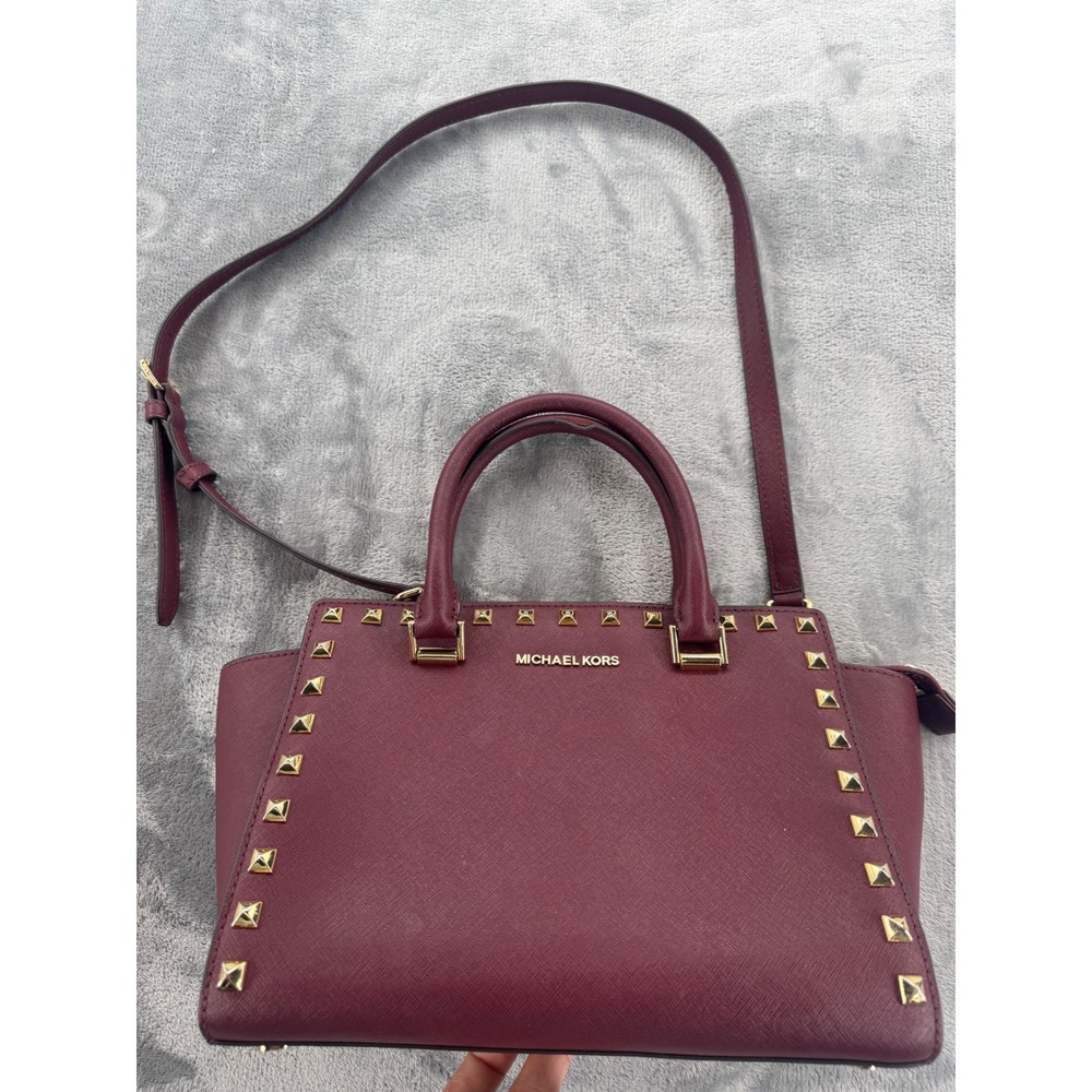 Michael Kors Selma Studded Medium Satchel Plum Saffiano Leather Gold Studs Bag - Picture 2 of 7